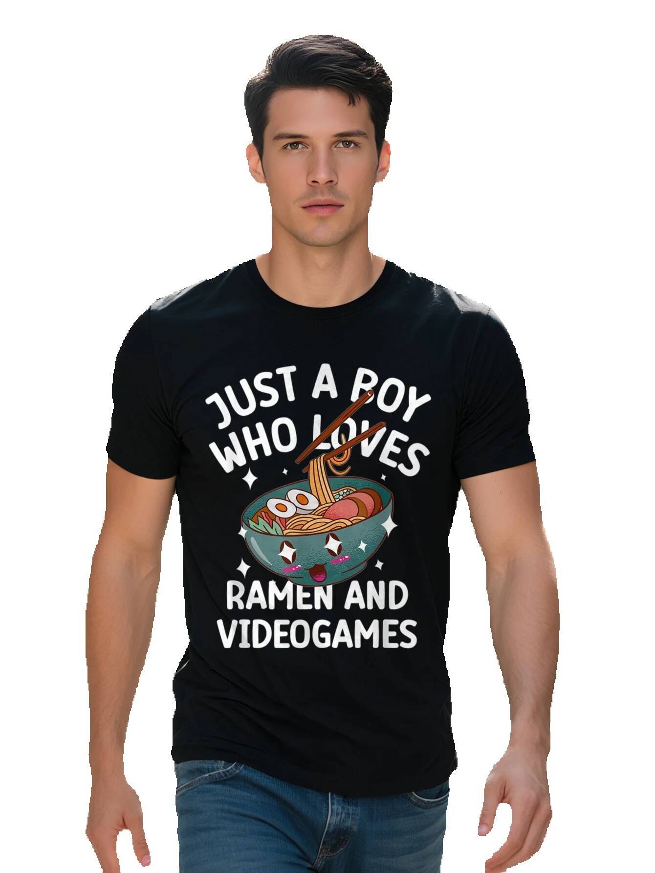 Men s Casual T Shirt Pure Cotton Crew Neck Short Sleeve Regular Fit with Ramen and Video Games Cartoon 439c5 1c761