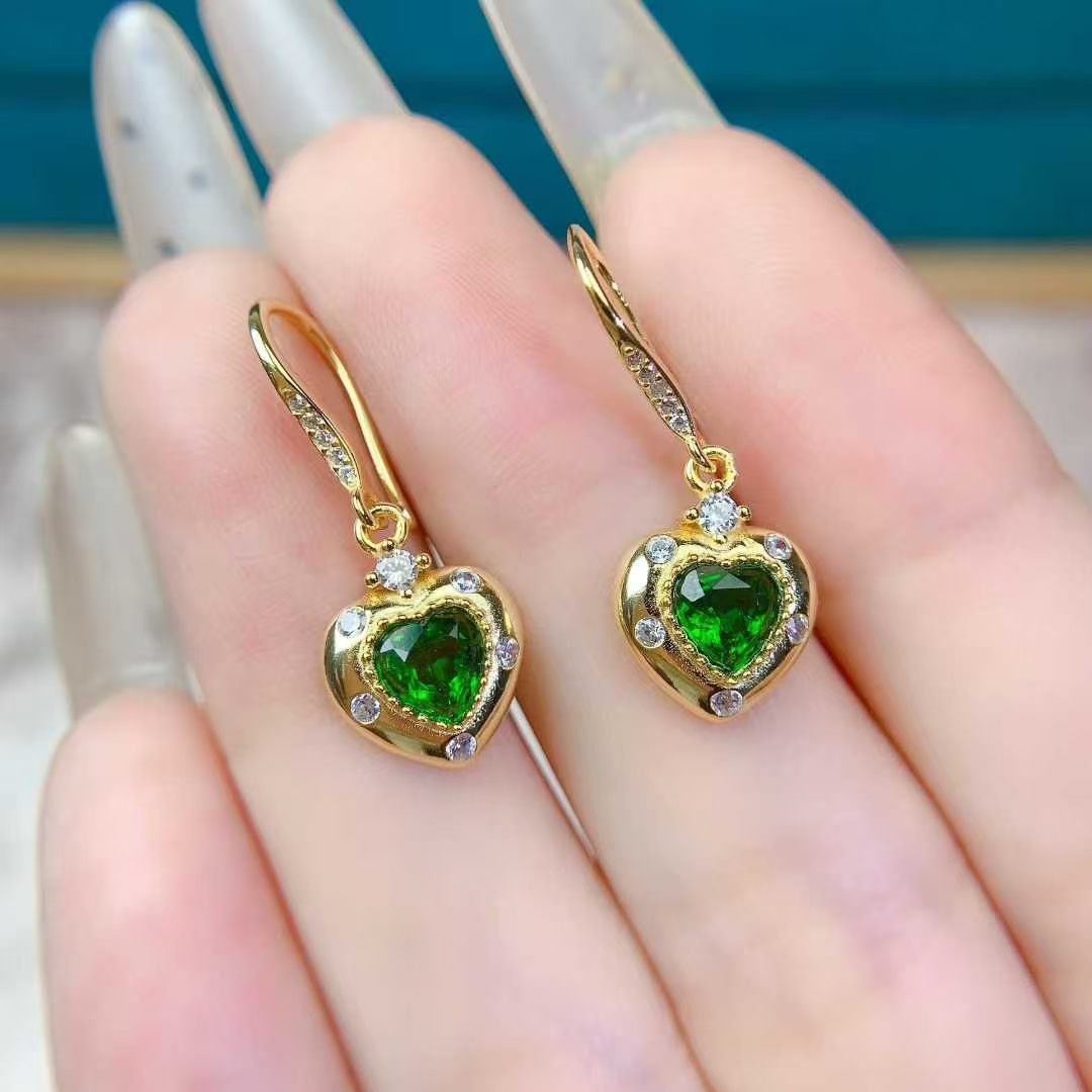 Natural Diopside Drop Earrings 5mm hear shape diopside 925 silver earirngs with 18K gold plating allergy free