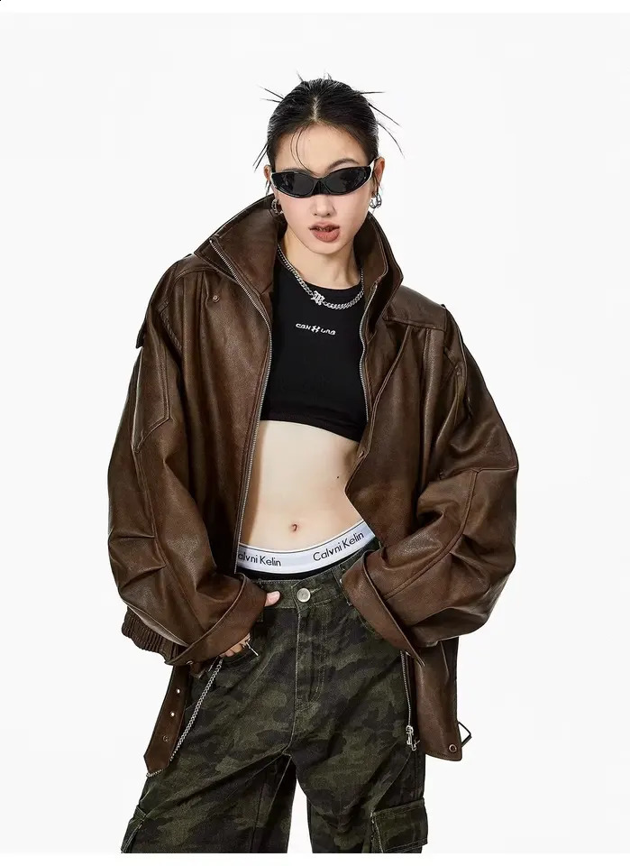 Korean Fashion Black Leather Jacket Women Clothing AutumnWinter Loose Casual Coat PU Leather Motorcycle Jacket Women Tops 250811