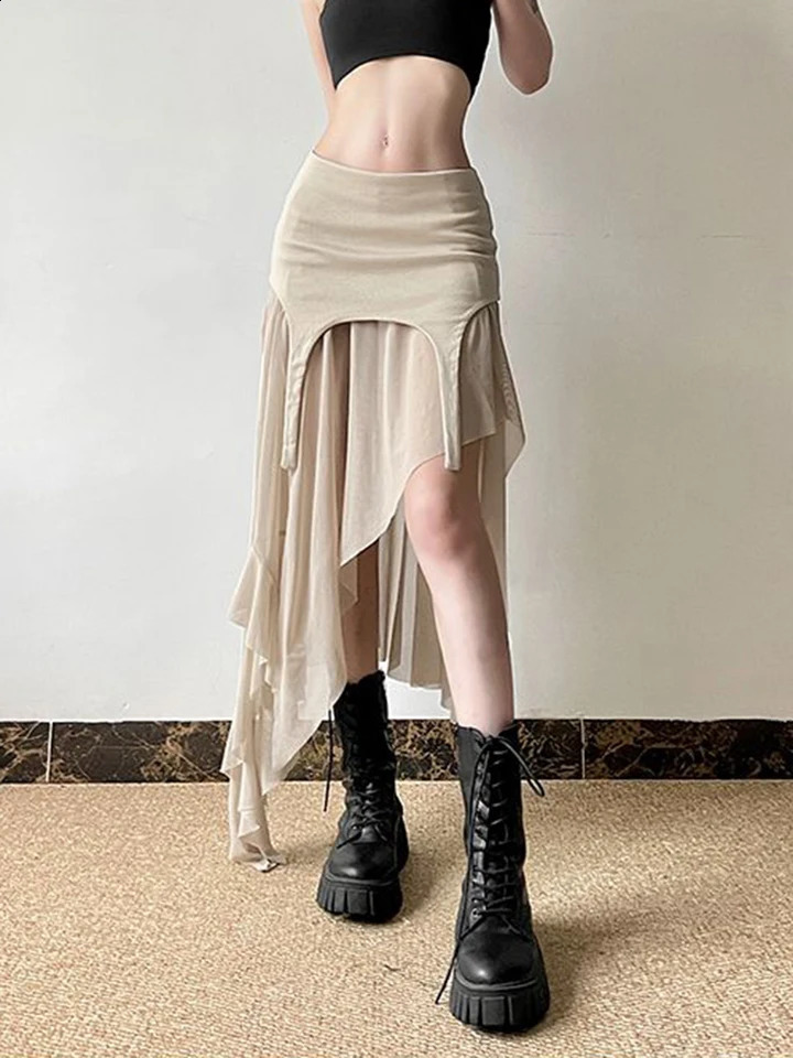 Zoki Sexy Irregular Y2K Skirts Women Vintage American High Waist Slim Slit Long Skirt Casual Lady Streetwear Retro Summer Skirts 250809
