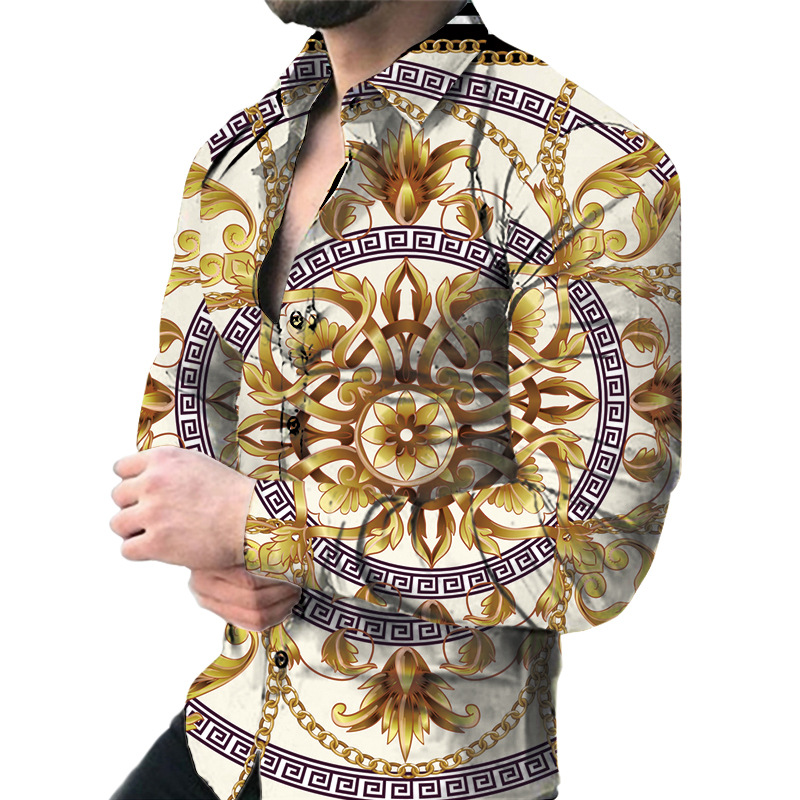 Men's long-sleeved shirt fashion T-shirt 3D printed casual slimming lapel long-sleeved shirt men's thin foreign trade youth shirt European c