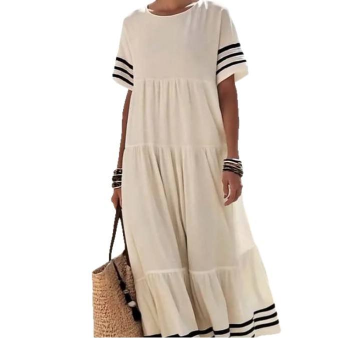 C83European and American foreign trade women's striped temperament leisure vacation round neck loose long dress