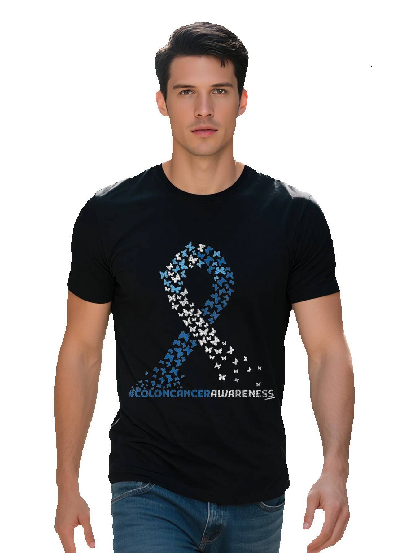 Colon Cancer Awareness Colonoscopy Blue Ribbon Butterflies T Shirt Cotton f76c5