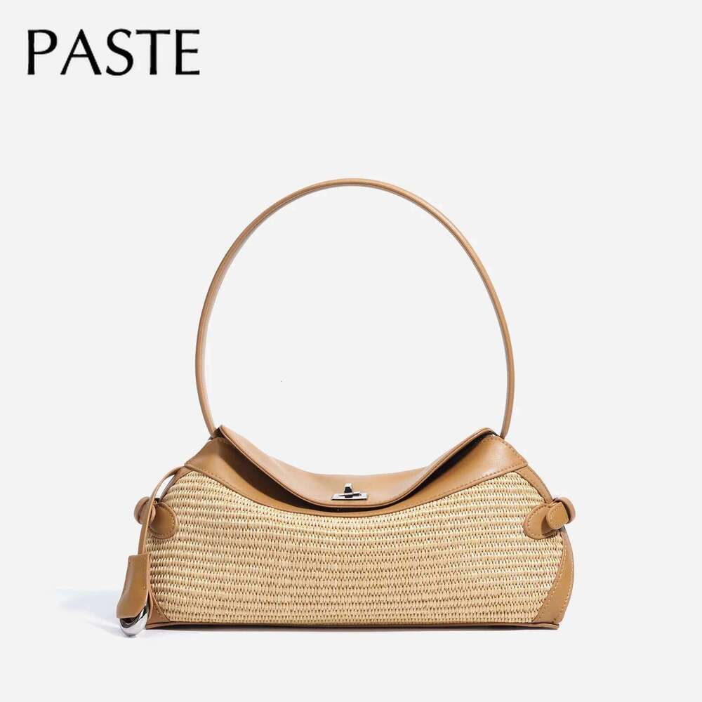 Leisure Handmade Woven Grass Weaving Summer Beach Tote Bag All-match Straw+ Split Leather Long-handle Women Handbag Hit-color