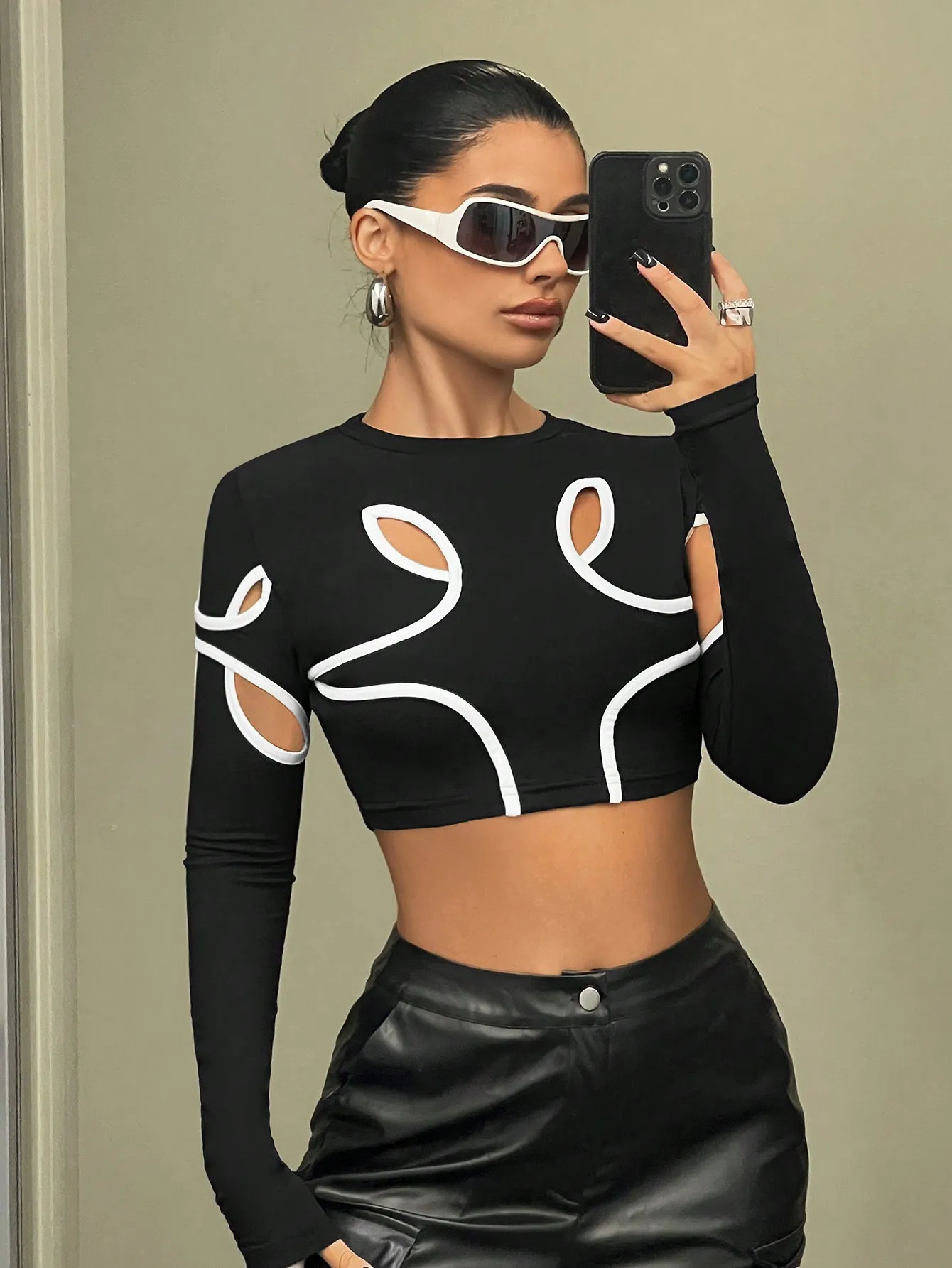 Spring and summer fashion short long sleeve top slim senior sense round neck spice girl style n lady 250811