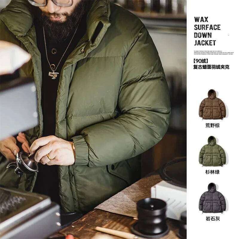 Maden Winter Wax Surface Down Jacket for Men Removable Hooded Thickened Warm Stand-up Collar Coat Men's Padded Outer Clothing