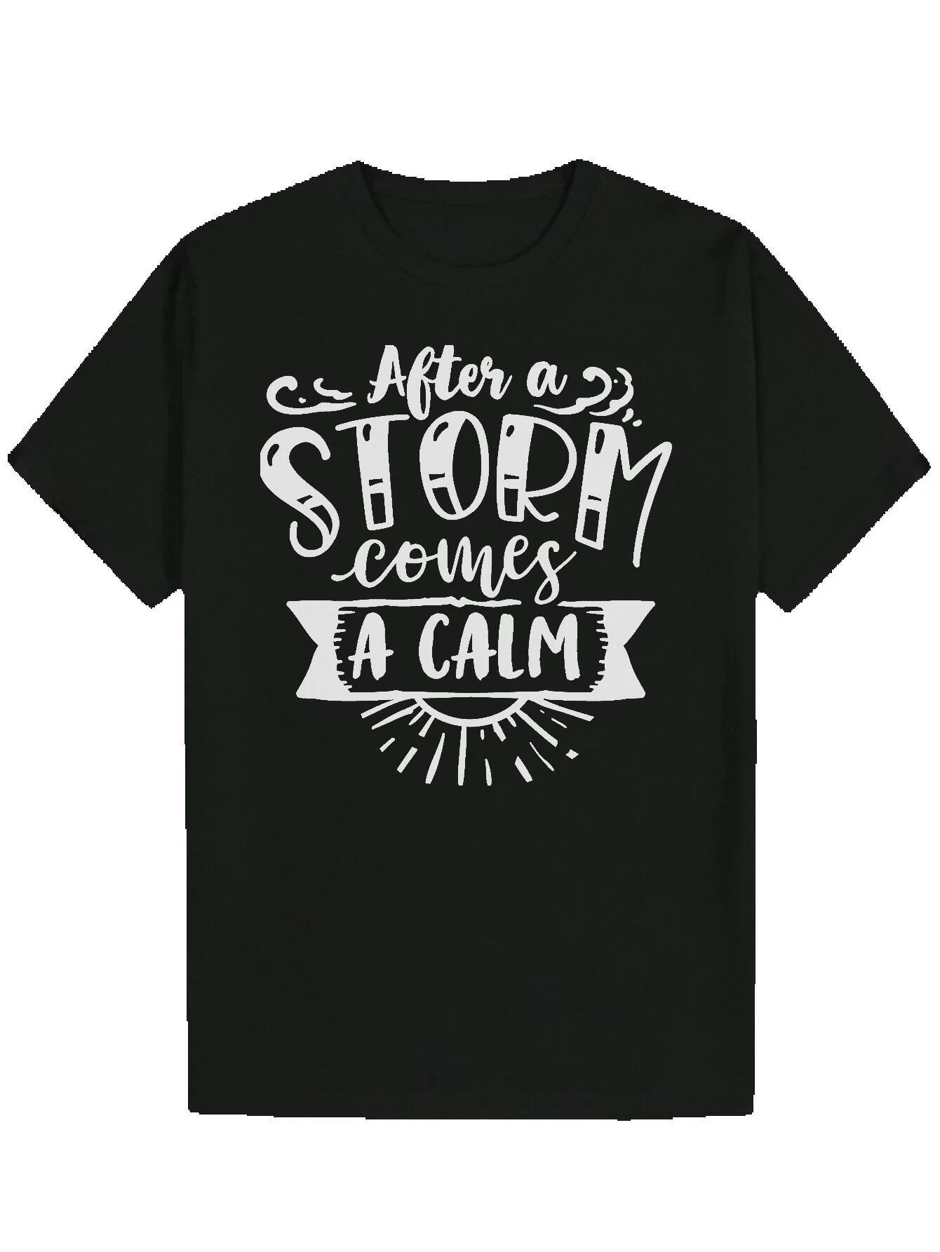 Men's Summer Casual Short Sleeve Black Inspirational 'After the Storm' Quote and Sun Pattern T-Shirt - 100% Polyester, Machine Washable