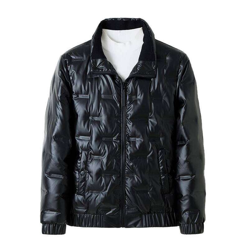 Winter new style Men's bright leather fashionable jacket Casual stand collar short men's white duck down feather