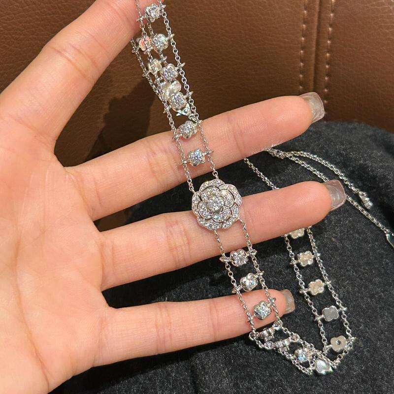 Style Heavy Craft Full Dia Hollow High-Quality Zircon Double Layer Camellia Collarbone Chain High Color Retention Necklace