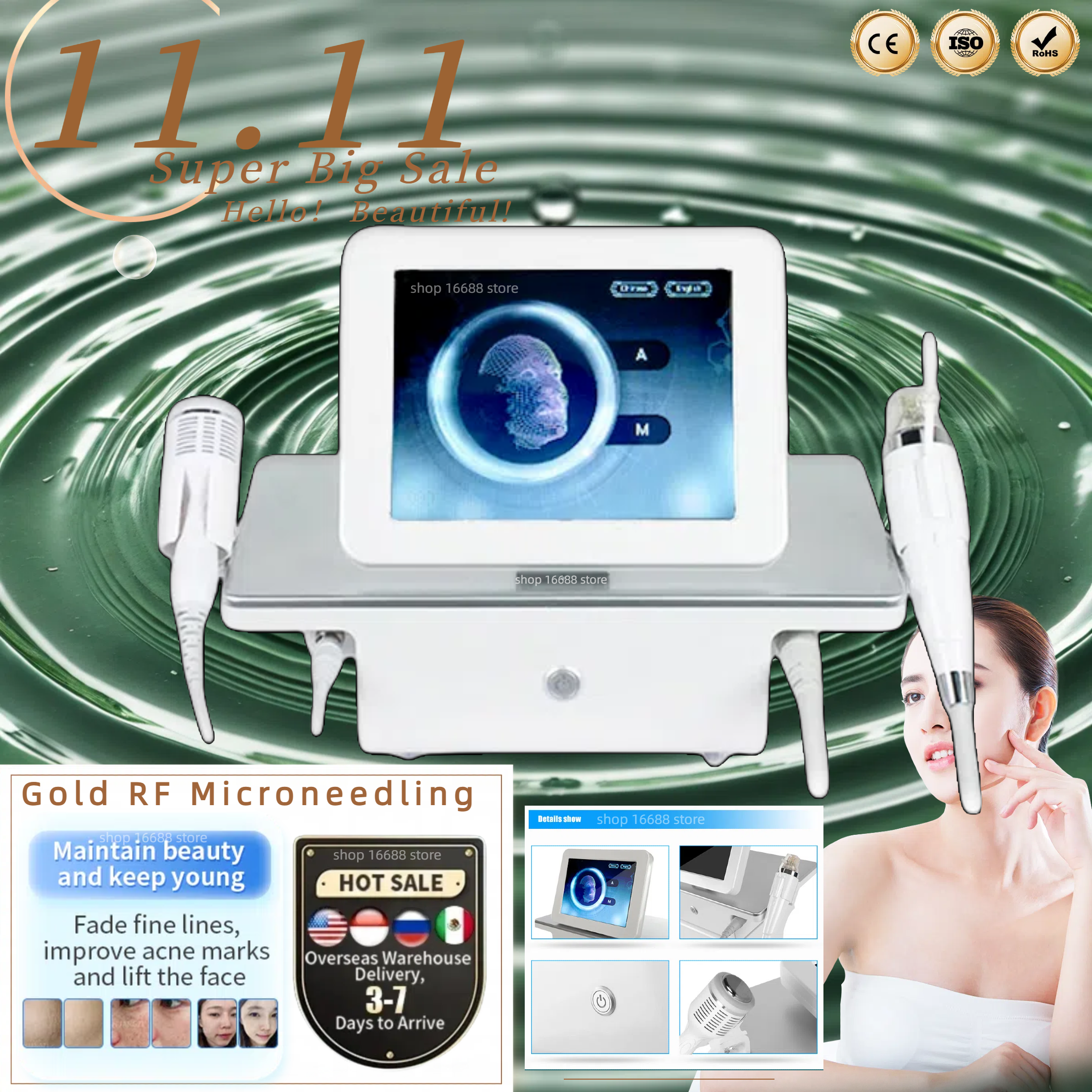 Golden RF Microneedling Acne Treatment Whitening Anti-aging Wrinkle Removal Beauty Device Advanced RF Micro Needles Tool For Treating Age Spots And Fi