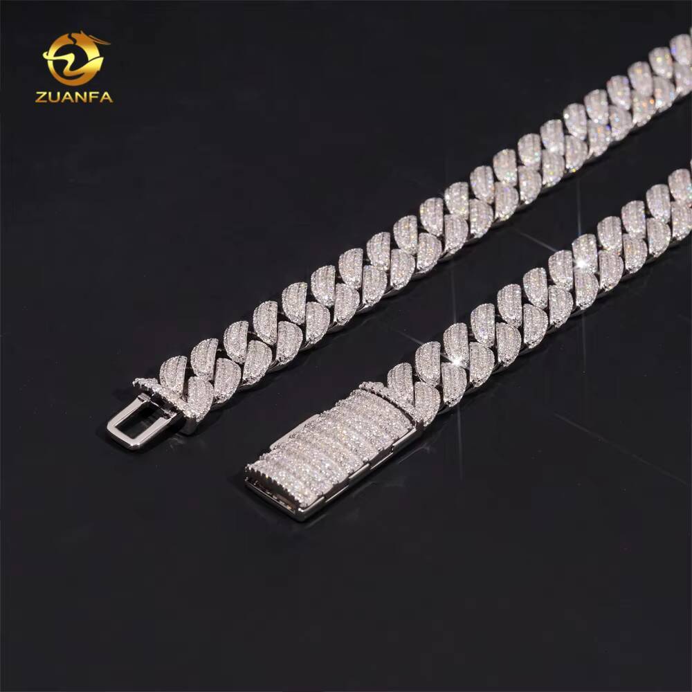 Popular 13mm Cuban Link Chain 925 Sterling Silver Gold Plated Gra Moissanite 3rows Iced Out Sparking Cuban Necklace
