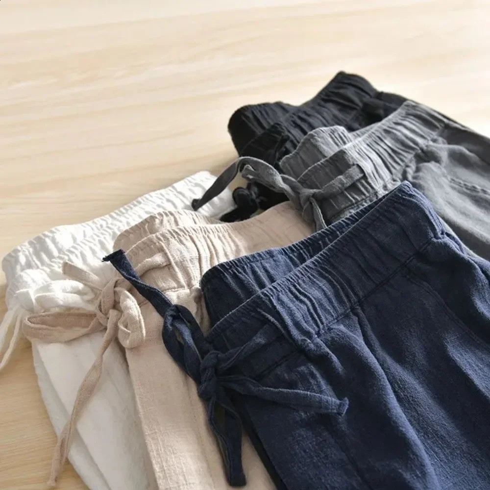 Mens Cotton Linen Casual Pants Baggy Streetwear Men Joggers Sports Trousers Solid Color Long Straight Trendy for 250729