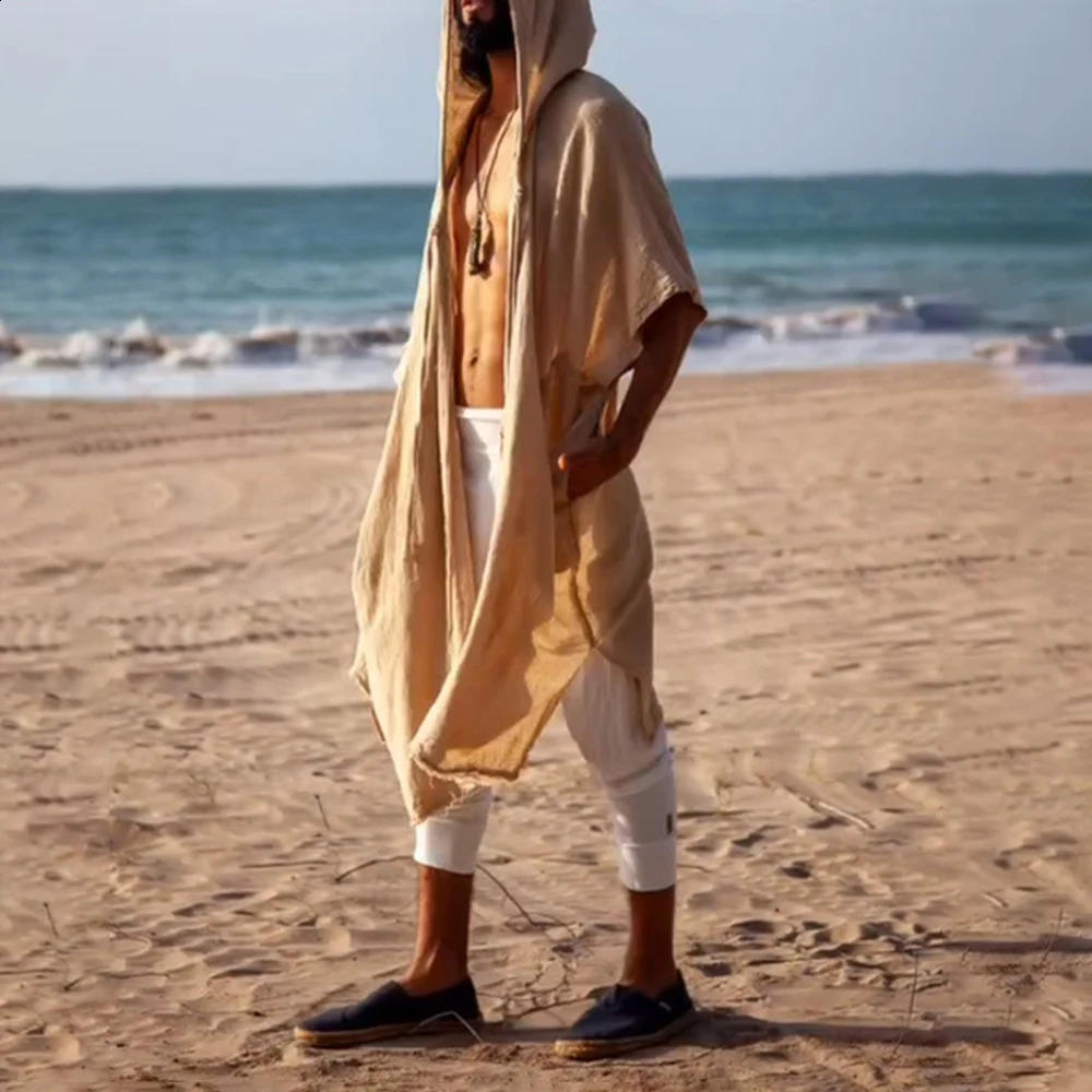 2025 Summer Mens Solid Color Hooded Sun Protection Beach Clothes Fashionable Travel Holiday Style Allmatch Casual Cape 250804
