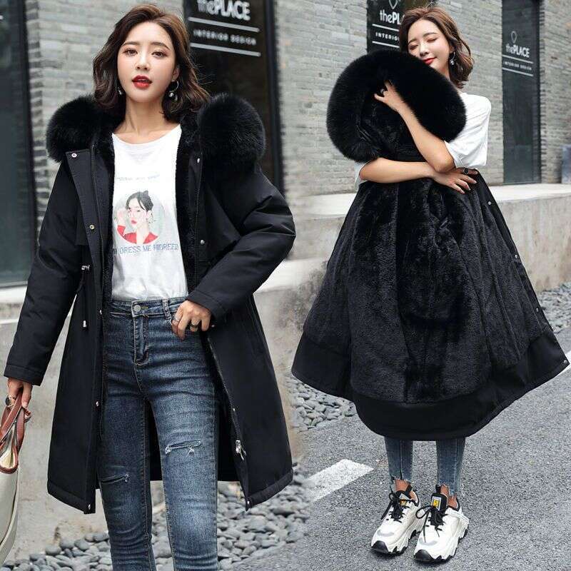 Winter 2023 New Women Clothes Long Coat Wool Liner Hooded Jacket Fur Collar Thick Warm Snow Wear Padded Parka 6Xl