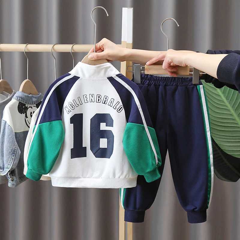 2025 Autumn New Handsome Casual Childrens Sportswear Boys Two-piece Color Blocked Letter Printed Hoodie Elastic Waist Pants Z250811