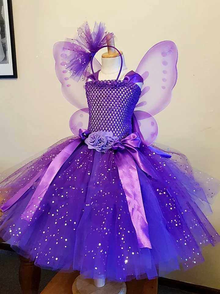 Girls Purple Butterfly Flower Tutu Dress Kids Glitter Tulle Dress Ball Gown with Wings Children Birthday Party Costume Dresses W250811
