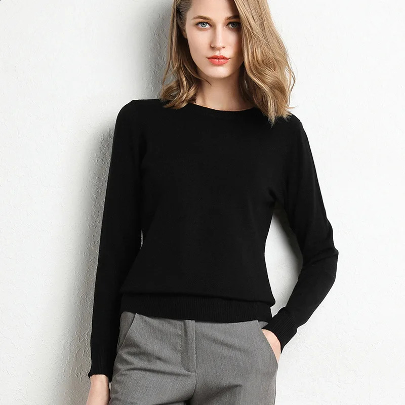Women Slim O-Neck Solid Pullover Cashmere Wool Blending Sweater Autumn And Winter Long-Sleeved Knit Bottoming Shirt Large Size 250805