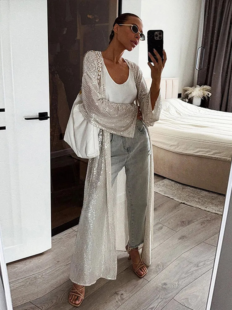 Sequin Oversized Maxi Cardigan Coat Women Open Front Long Sleeve Party Evening Outerwears Autumn Chic Casual Loose Fit Top 250804