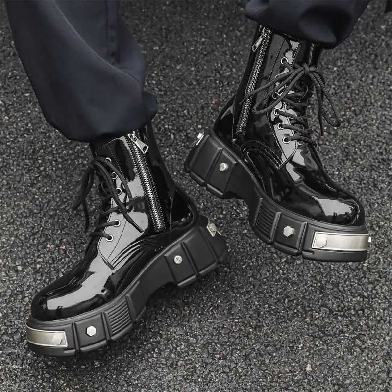 2025 Mens High Top British Style Thick Bottom Increased Bright Leather Black Motorcycle Round Toe Side Zipper Punk Boots Women W250811