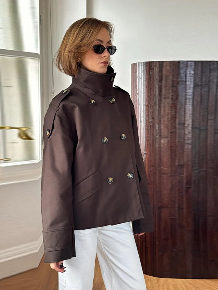 Elegant Stand Collar Short Trench Women Vintage Khaki Double Breasted Pockets Jackets Coat Lady 2025 Chic Street Office Outwear 250811