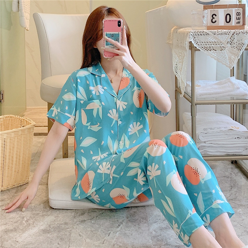B1007-Short-sleeved cotton silk pajamas women's summer thin artificial cotton home clothes cardigan printed cotton silk suit