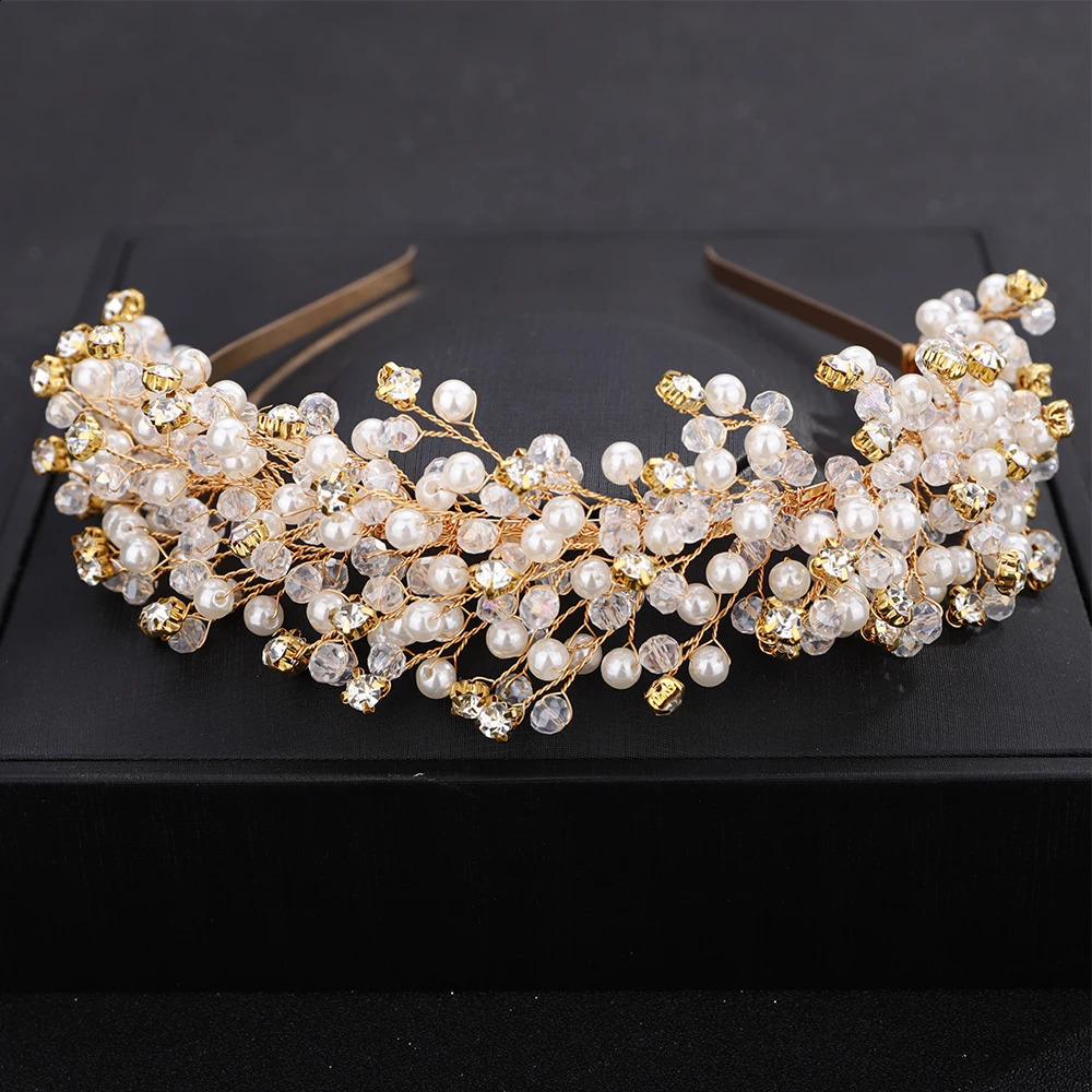 Elegant Pearl Bridal Crown Headpieces Crystal Wedding Hair Accessories Jewelry Handmade Women Headdress Tiaras 250804