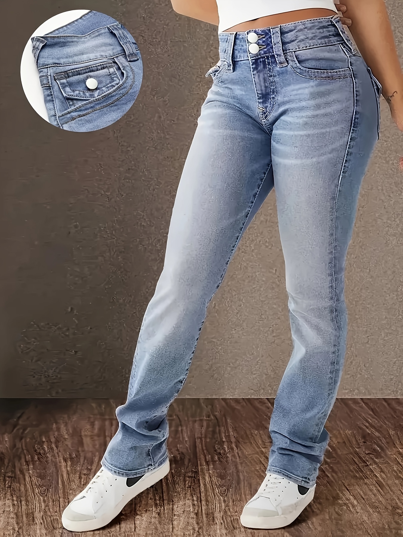 Women's Jeans Double Button Straight Leg Pants for Women - Comfortable Pocket Flap Design