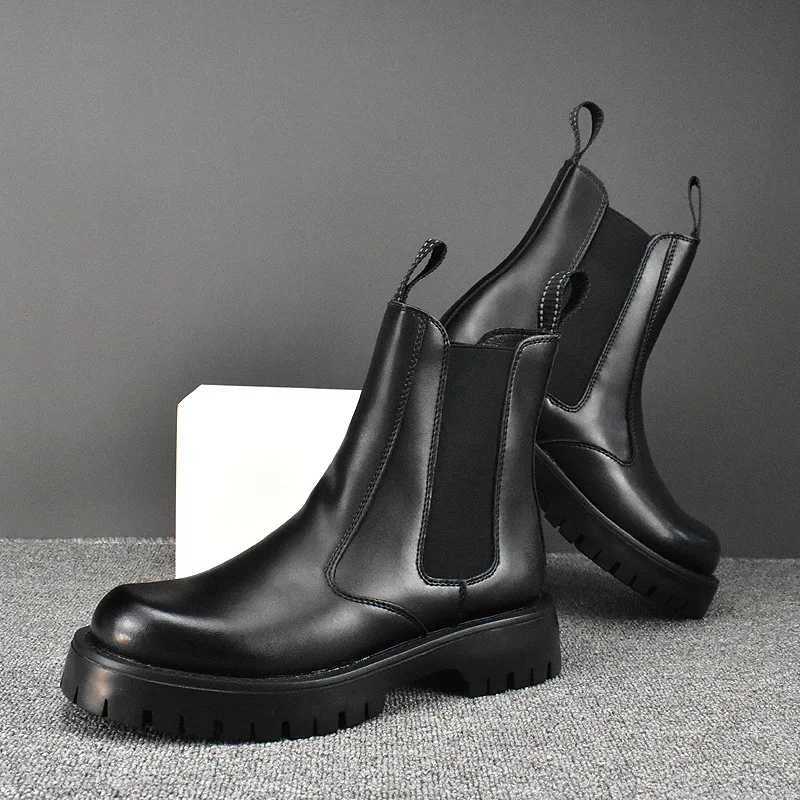 Korean Style Mens Chelsea Boots Black White Casual Shoes Stage Nightclub High Motorcycle Boot Original Leather Platform Botas W250811