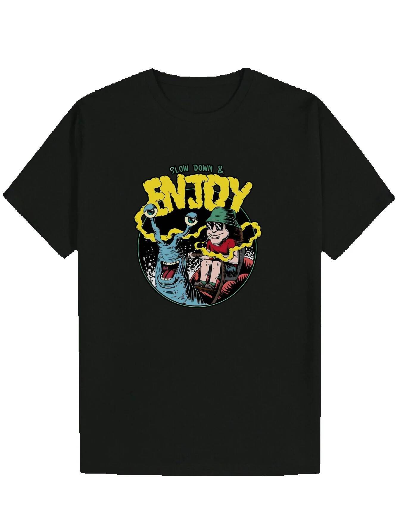 Men's Summer Round Neck Polyester T-Shirt with 'Enjoy' Pattern and Cartoon Character Design - Black Regular Fit Machine Washable T-Shir