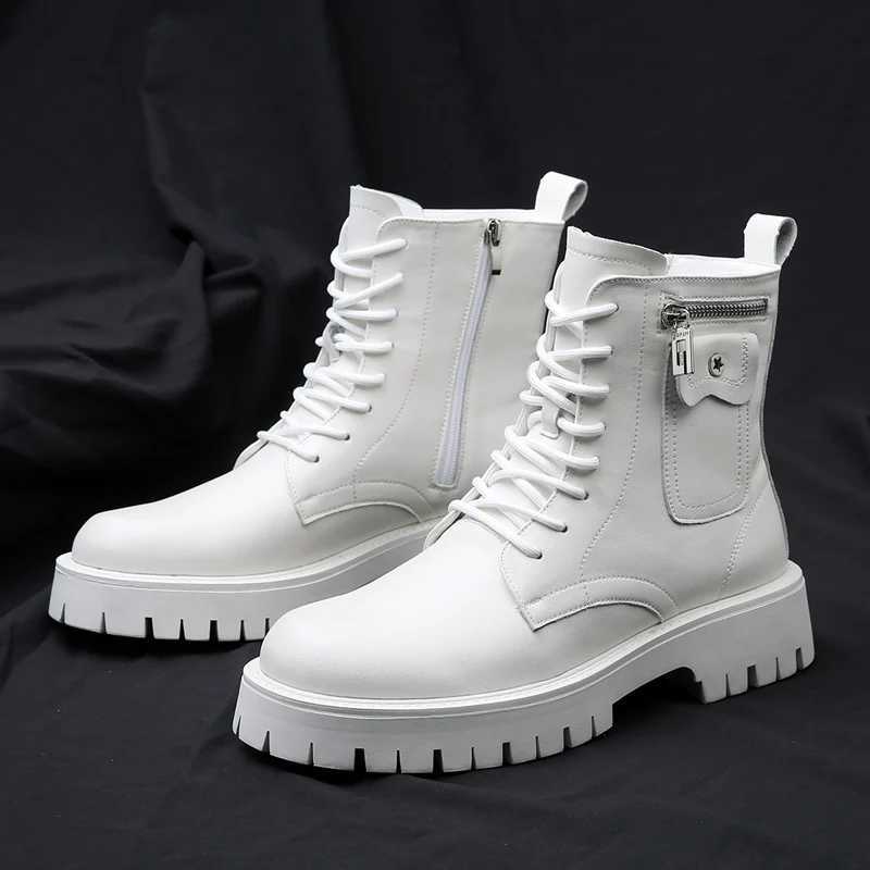 High Quality Men White Boots 2024 Fashion Zip Design Mens Leather Boot Anti-slip Lace-up Man Platform Boots W250811