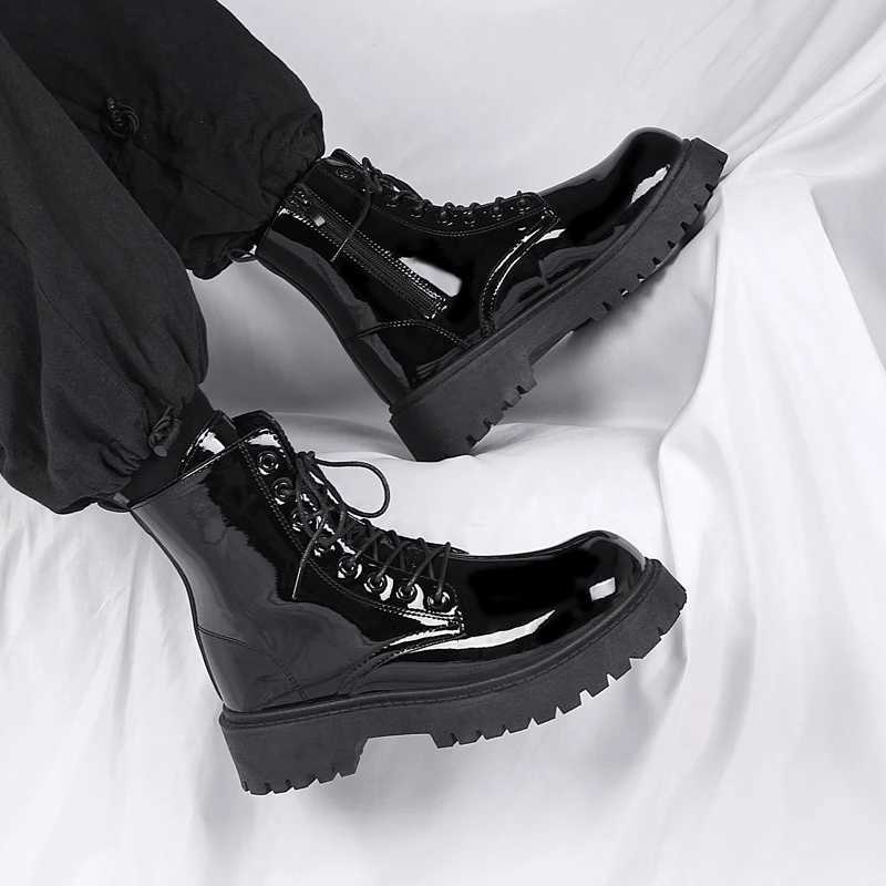 British Style Mens Boots Black Luxury Fashion Shoes Party Nightclub Patent Leather Boot Cowboy Platform High Motorcycle Botas W250811