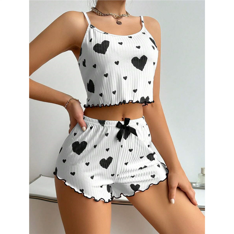 New Knitted Sweet European and American Design Pure Desire 2024 Ribbed Heart Print Women's Pajamas Camisole Summer Shorts
