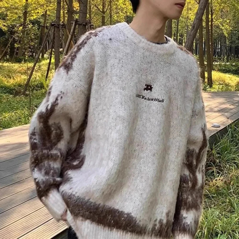 Mens Sweater Tie-Dye Contrast Color Knitted Sweater Streetwear Youth Campus Casual All-Match Long-Sleeve Top MenS Clothing 250805