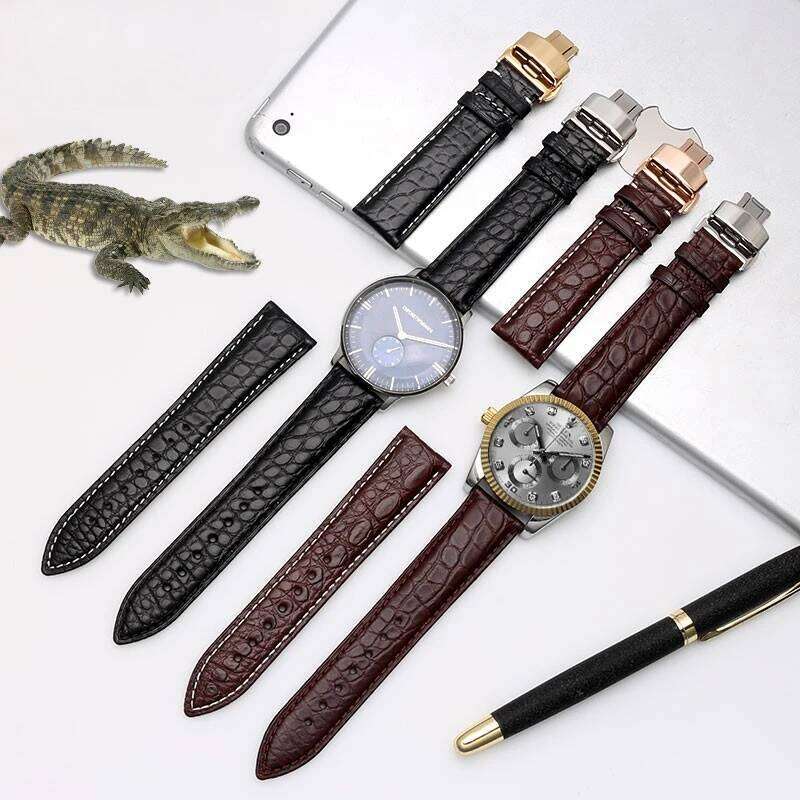 High Quality Crocodile Skin Watchband 18Mm 19Mm 20Mm 22Mm 23Mm Men Watch Strap Genuine Leather Bracelet Stainless Steel Buckle