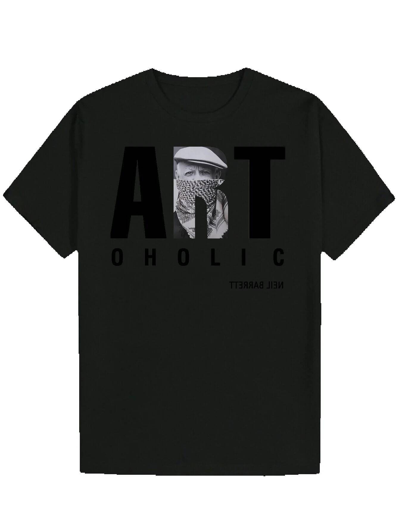 Men's Black Summer Casual - Round Neck Polyester Portrait Pattern T-Shirt with 'Art Oholic' Design, Machine Washable, Regular Fit