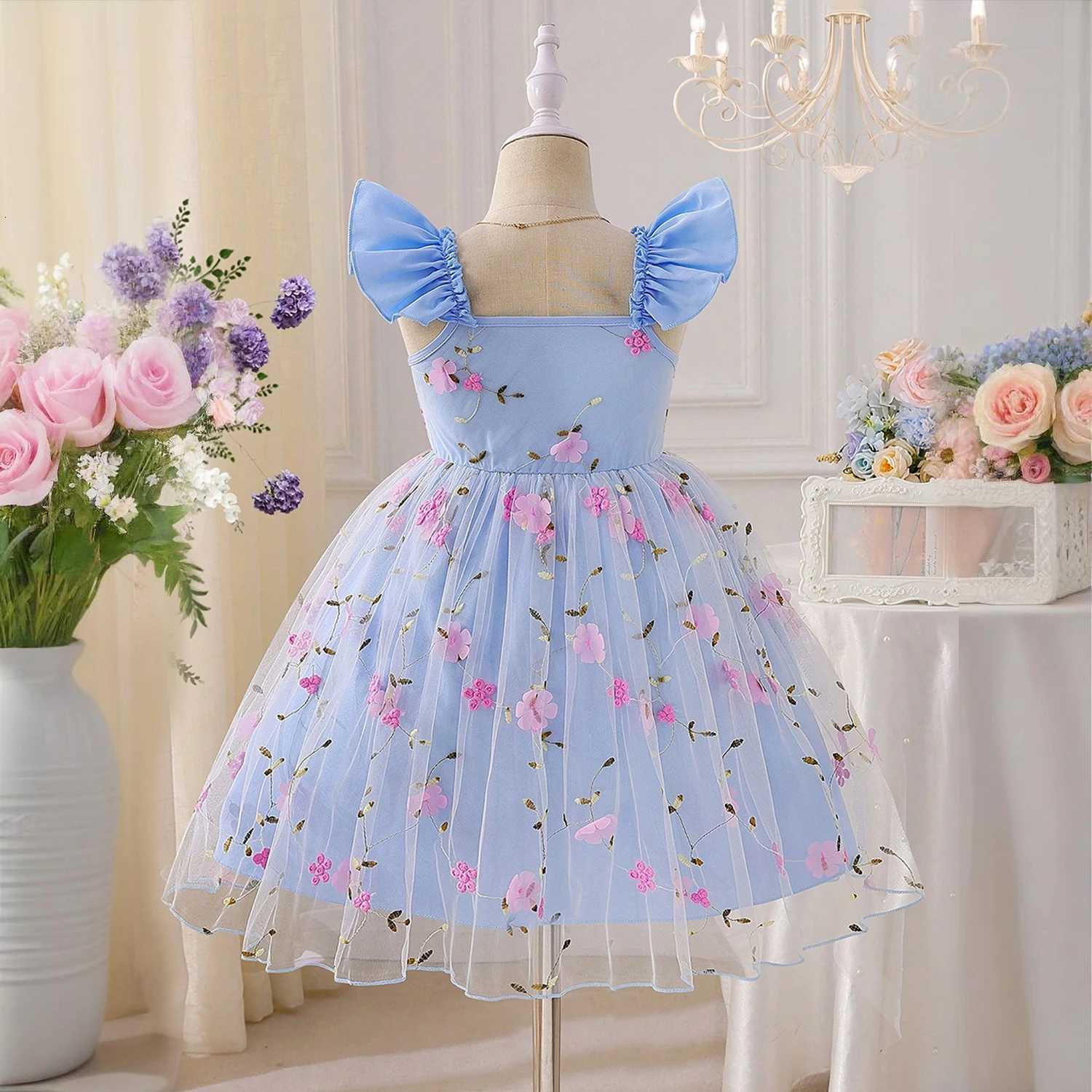 Baby Girls Summer Dresses for 3-8 Years Casual Embroidery Lace Mesh Princess Fairy Dress Kids Birthday Party Easter Dress for Girl W250811