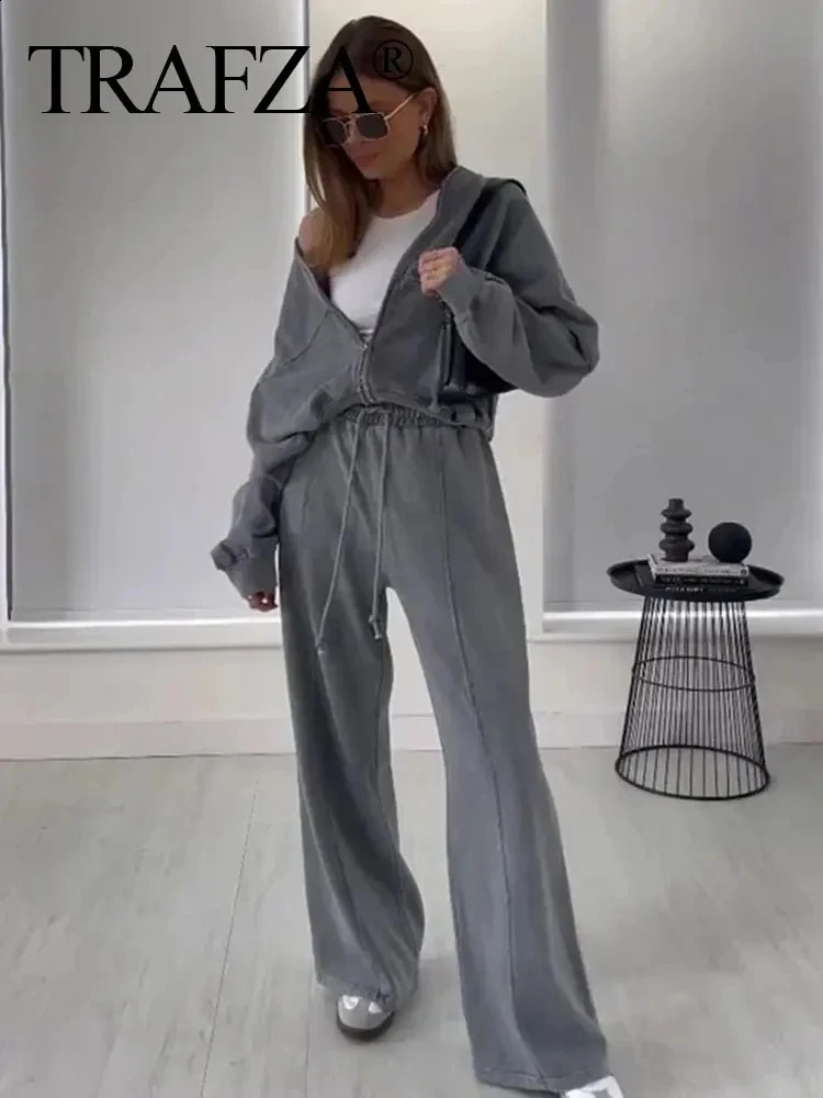 TRAFZA Bomber Jacket Pant Set For Women Casual Long Sleeve Zipper Coat Vintage Solid Sweatshirt Suit Autumn Woman Streetwear 250805
