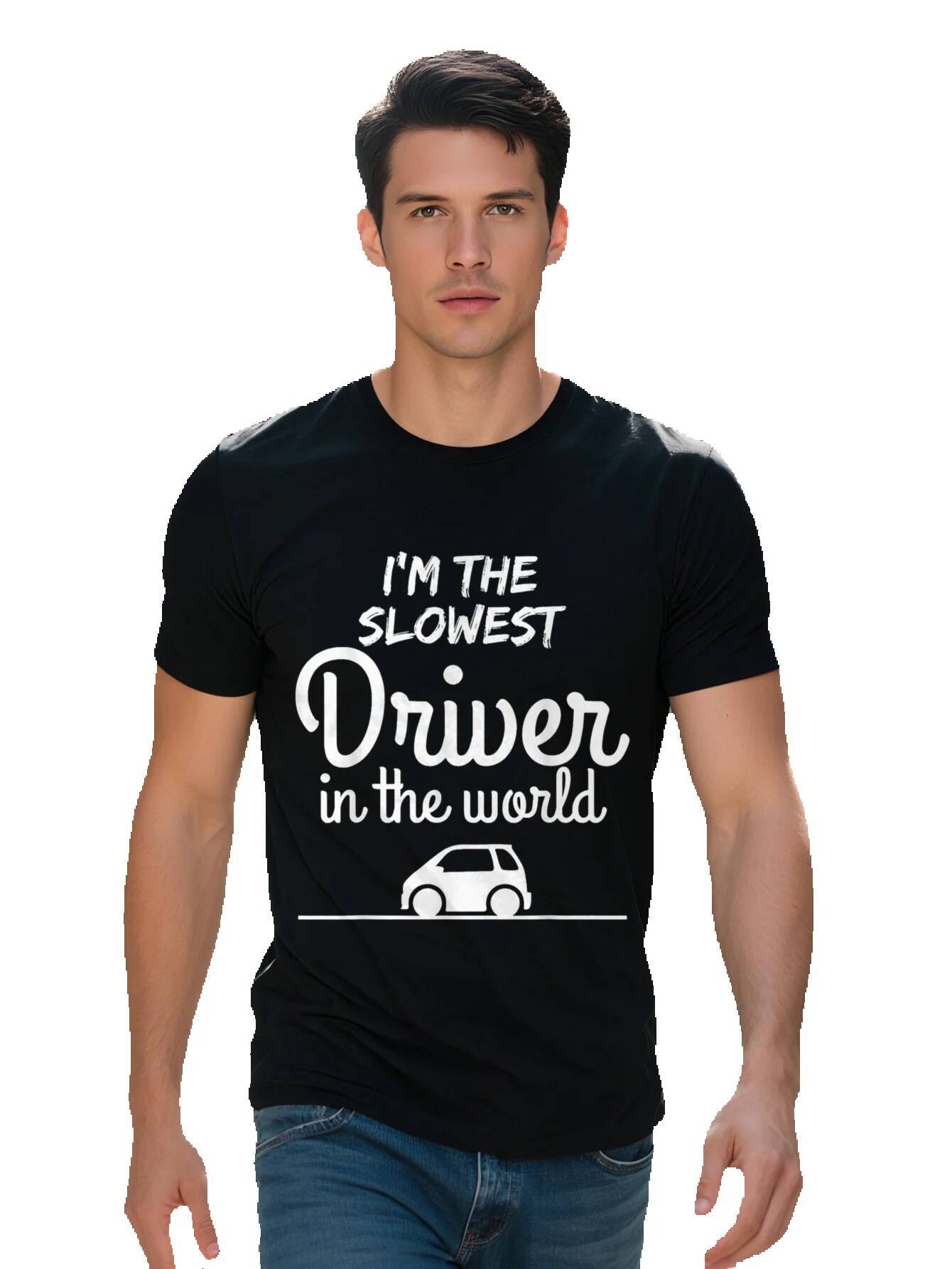 Men s Funny Slowest Driver in the World T Shirt Cotton Black with White Text Car Illustration for Casual Attire 20a06 482fc