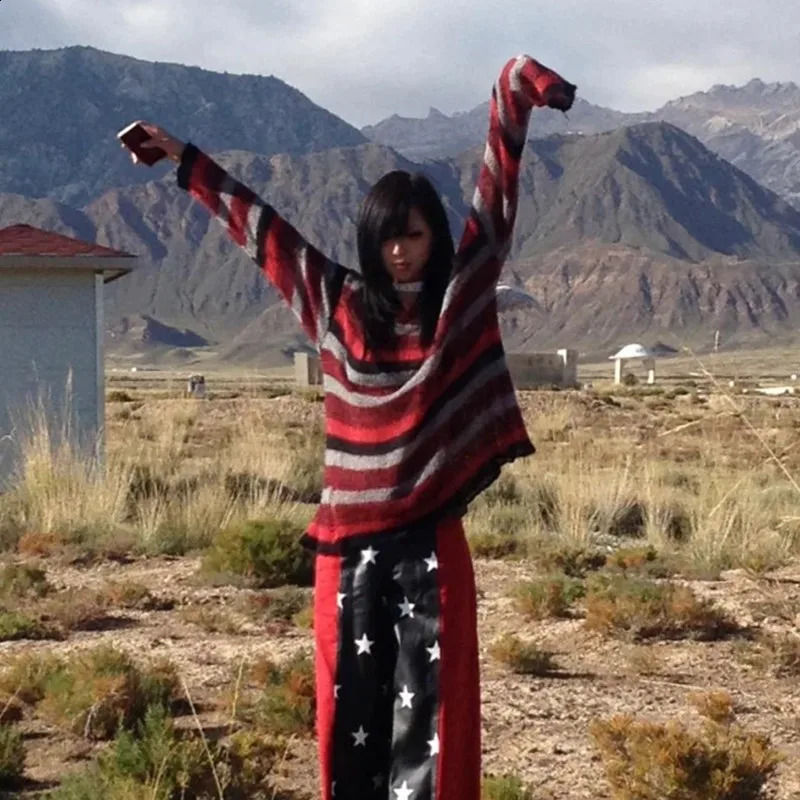 Karrram Y2k Aesthetics Off Shoulder Pullover Grunge Gothic Red Striped Sweater Japanese Harajuku Loose Knit Tops American Retro 250811