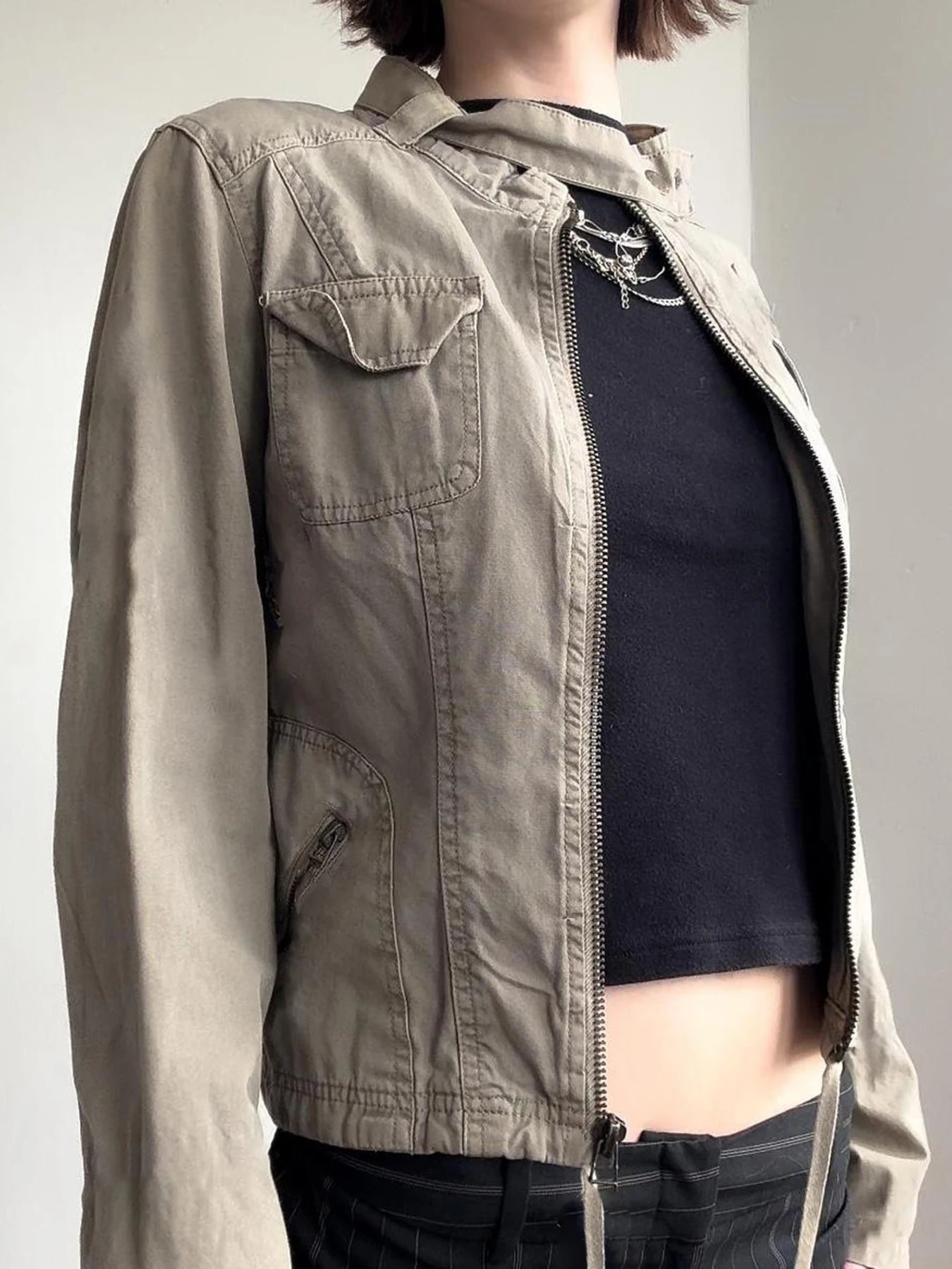 IAMSURE Safari Style Big Pockets Zipper Jackets Casual Solid Turtleneck Long Sleeve Coats Women 2 Autumn Winter Fashion Lady 250811