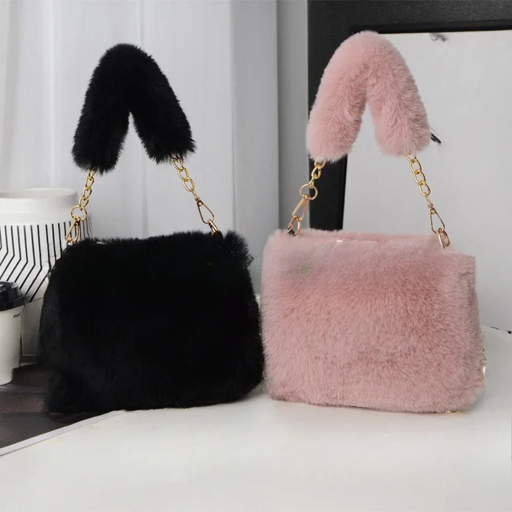 Fashion Women Fluffy Shoulder Bags Female Winter Chain Underarm Bag Solid Color Handbag Soft Plush Handle 250811