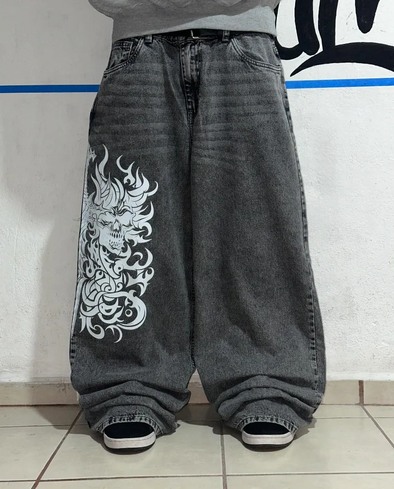 Y2K Fashion Gothic Oversized Pattern Printing Old Baggy Jeans Men Harajuku Hiphop Casual Joker High Waist Wide Leg Pants 250809
