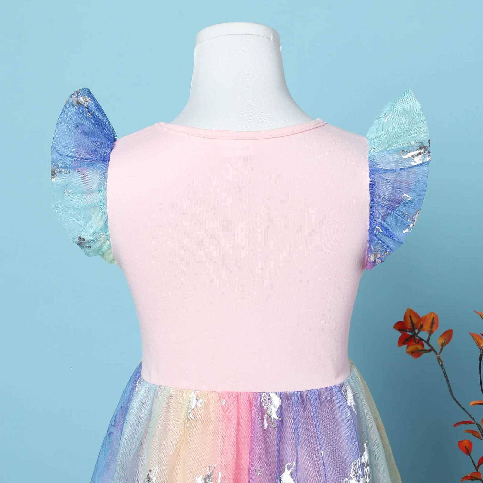 Girls Summer Cartoon Unicorn Print Rainbow Mesh Splice Princess Birthday Party Sleeveless Dress SH1791 W250811