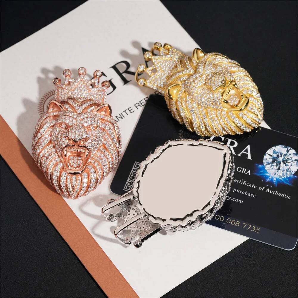 Moissminer VVS Moissanite Crown Lion Pendant Necklaces For Men Women Pass Tester S925 Silver Chain Hip Hop Jewelry GRA Free Ship