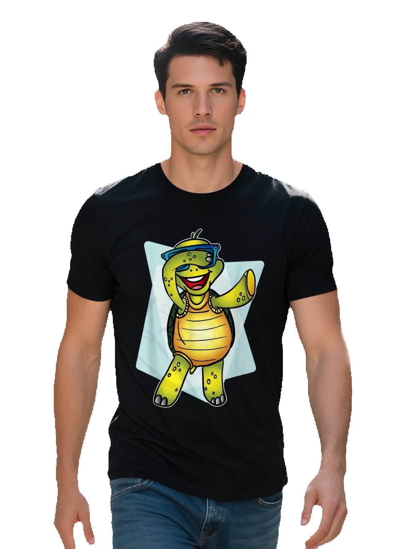 Men's Cotton T-Shirt Funny Cartoon Turtle with Fashion Glasses Design Black Short Sleeve Tee Adults Lightweight f887e