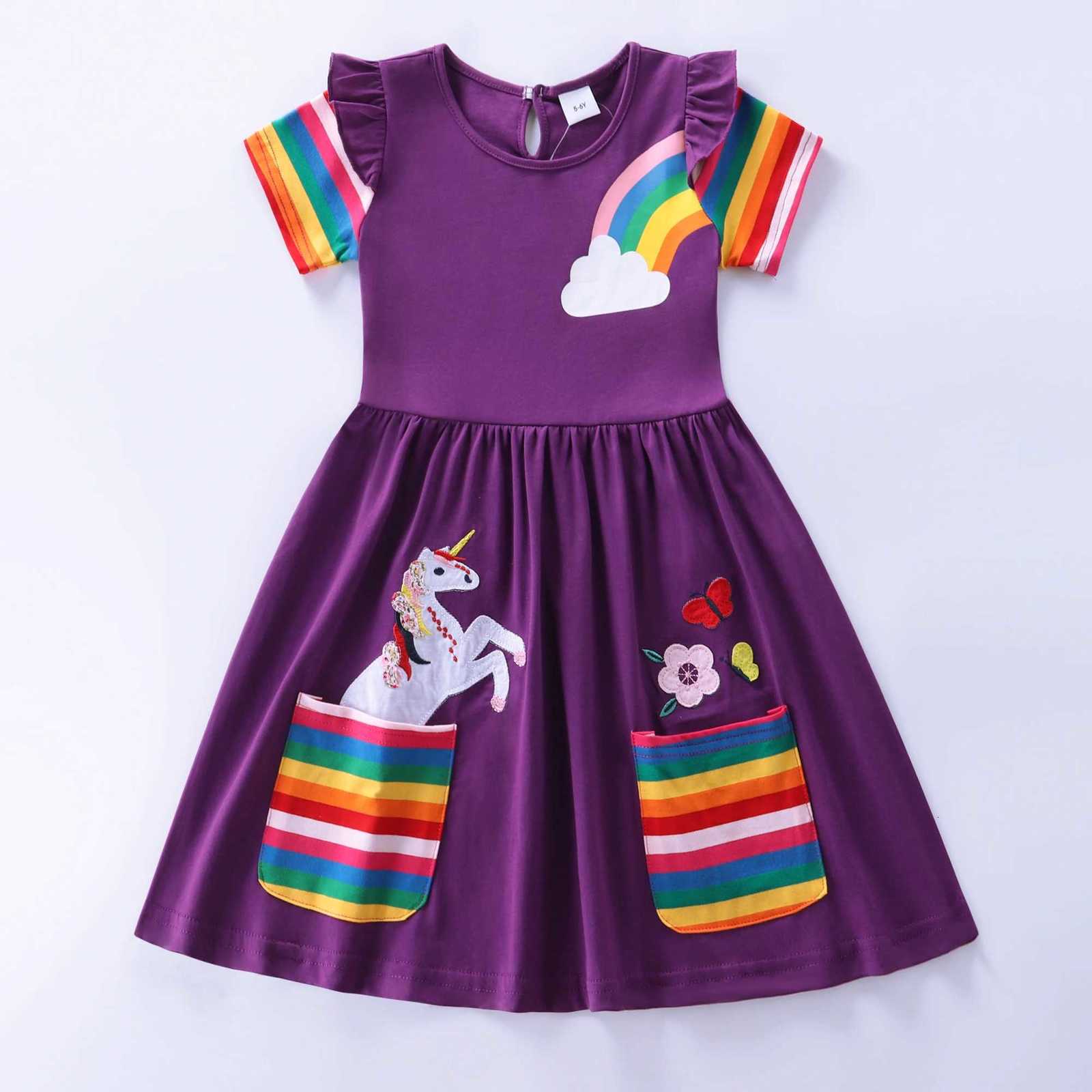 Girls Short Sleeve Unicorn Dress New Summer Embroidered Two Pockets Rainbow Sleeve Childrens SH81035 W250811
