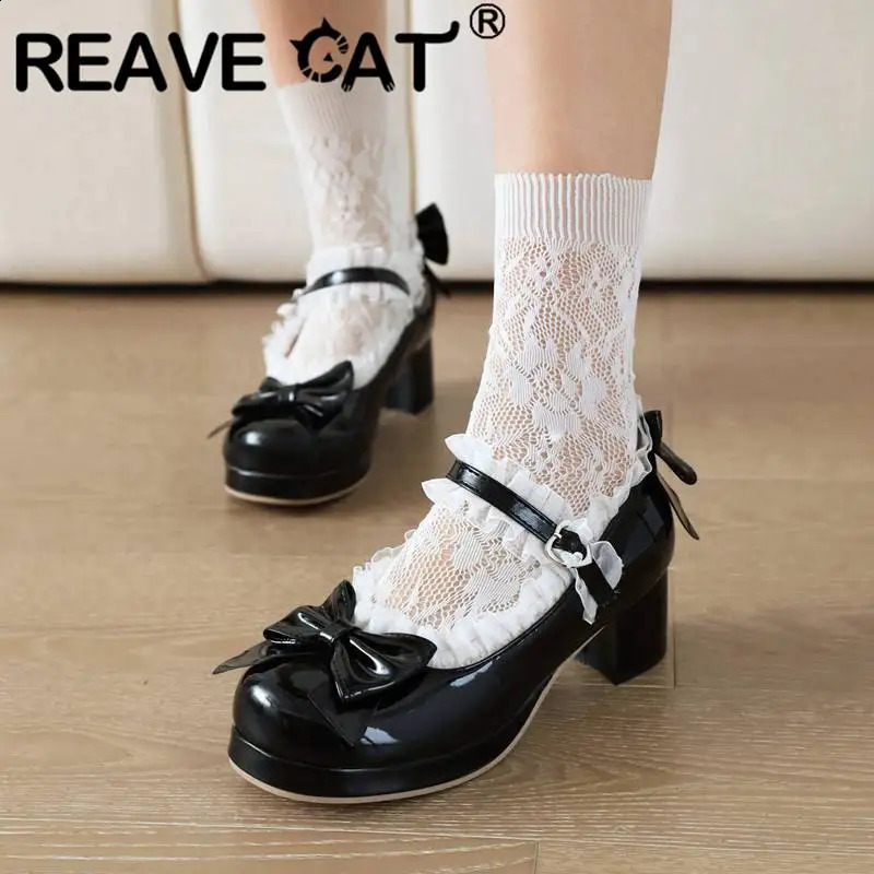 REAVE CAT Lolita Pumps Women Round Toe Block Heel 5cm Platform 1.5cm Buckle Strap Bowknot Lace Sweet Girls Shoes Big Size 48 250805