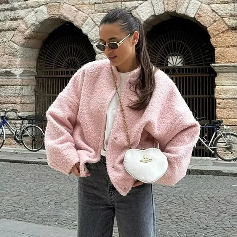Talenza Womens Pink Short Fur Jacket Autumn Loose Fashion Long Sleeve Jacket Top Casual Stand Collar Pocket Button Warm Jacket 250804