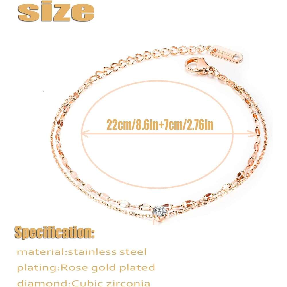 Simple Charm Anklet Women, 14k Rose Gold Plating Beach Dainty Cute Tiny Adjustable Stainless Steel Ankle Bracelets Personalized Foot Chain Jewelry Gif