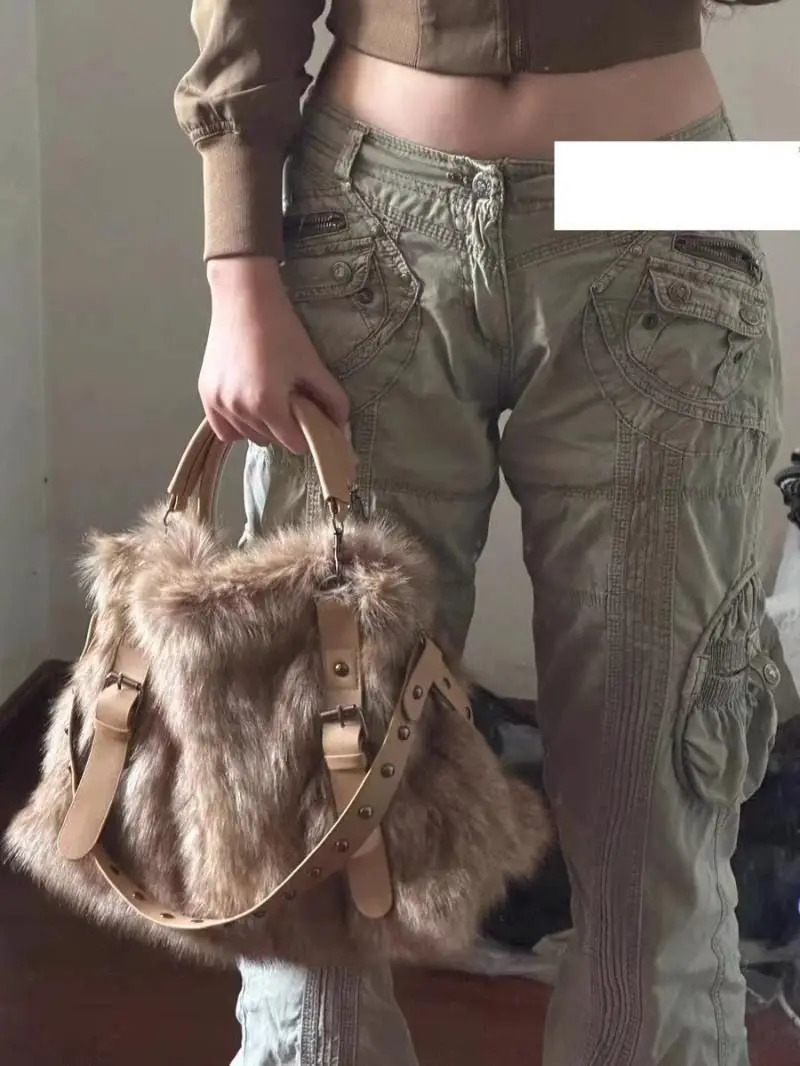 JIAERDI Plush Large Capacity Tote Bag Women Vintage Autumn Winter Fur Soft Khaki Handbag Female Retro Casual Messenger Y2k 250811